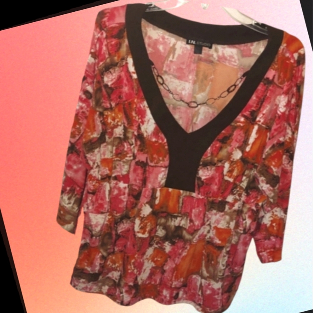 Orange, Coral, Salmon Pink & Brown Trim Embellished Top